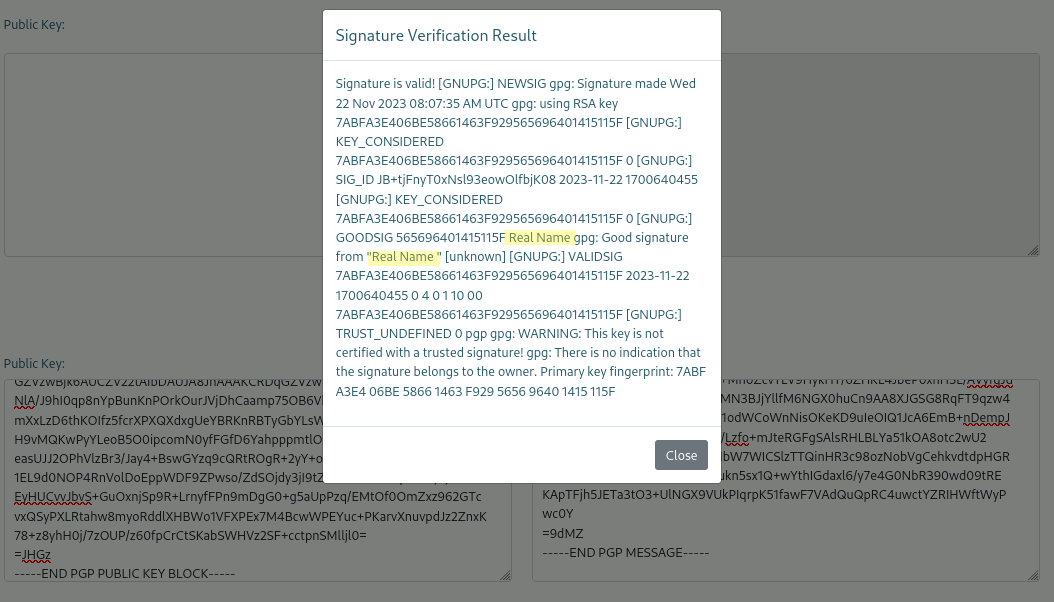 Verifying signatures reflects the key holder's name